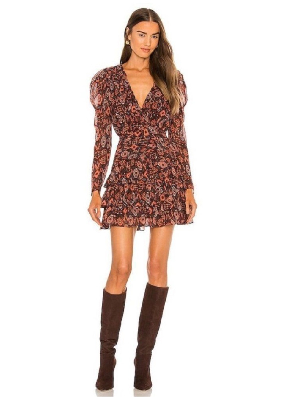 Ulla Johnson Esila Silk Abstract Ruffle Long Sleeve Mini Dress Size 6 Party Ikat
